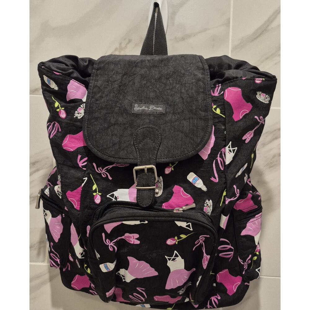 Studio Dance Black Pink Waterproof Backpack Outer Pockets Drawstring 14x12x5"